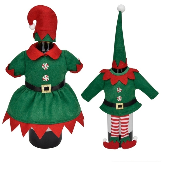 Wine Cover Christmas Elves Boy Girl Set of 2 Gift Bag Cloth Holiday NEW - Picture 1 of 5